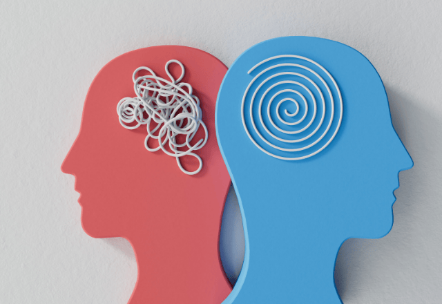 Abstract illustration of mental health showing two human profiles with tangled and calm spiral brain imagery.