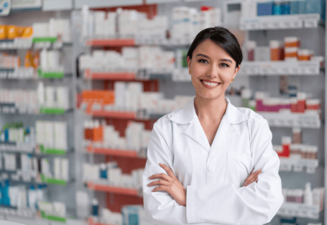 Female pharmacist in a Japanese pharmacy standing in front of medicine shelves with arms crossed.
