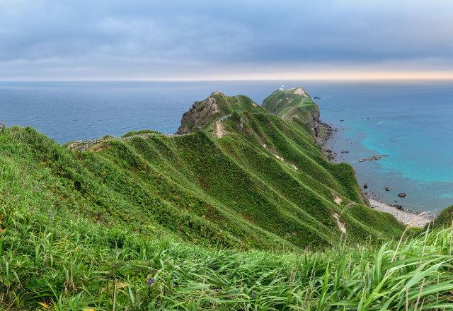 Panoramic view of Cape Kamui’s rugged cliffs and coastline on the Shakotan Peninsula in Hokkaido, Japan.