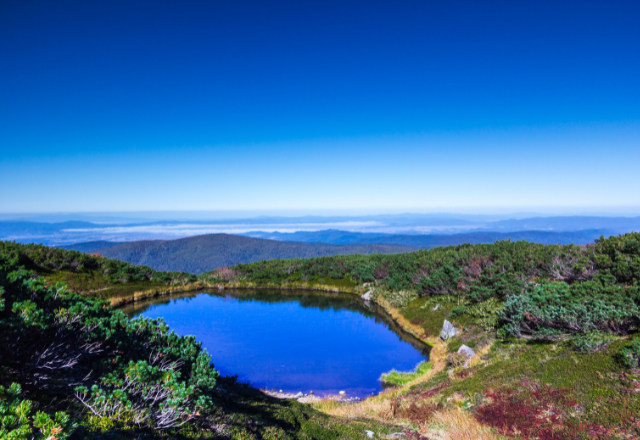 Scenic mountain lake surrounded by alpine vegetation at Daisetsuzan National Park in Hokkaido, Japan.