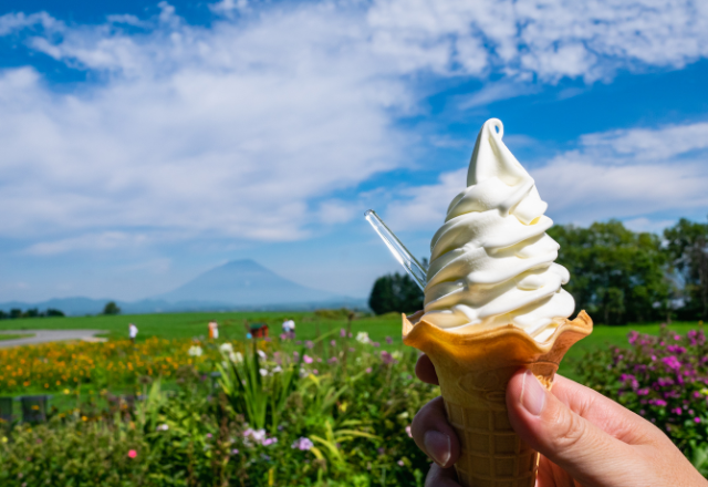 Hand holding a soft-serve ice cream cone with a scenic view of Mt. Yotei and green fields in Hokkaido, Japan.