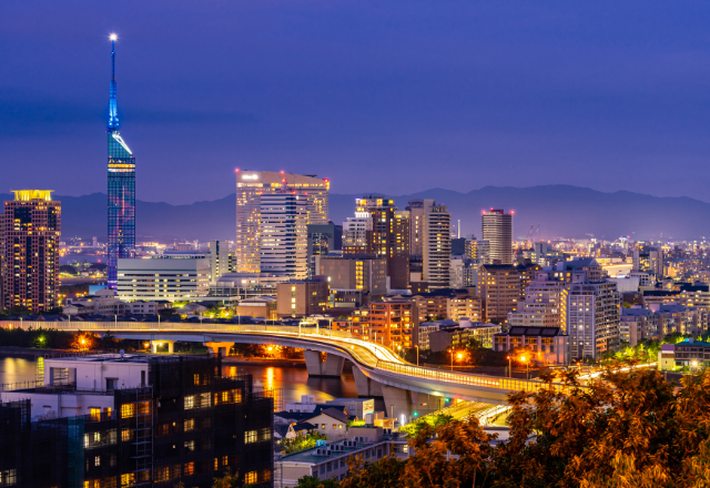 Night view of Fukuoka city skyline with illuminated buildings and Fukuoka Tower.