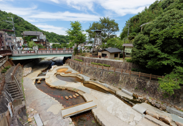 Scenic view of Arima Onsen, one of Japan's oldest hot spring resorts, surrounded by greenery and traditional buildings in Kobe