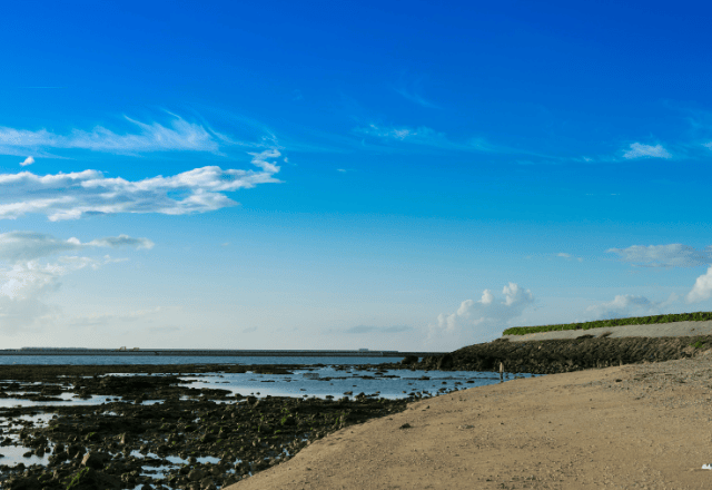 Coastal landscape of Senaga Island with rocky shores and a clear blue sky in Okinawa.