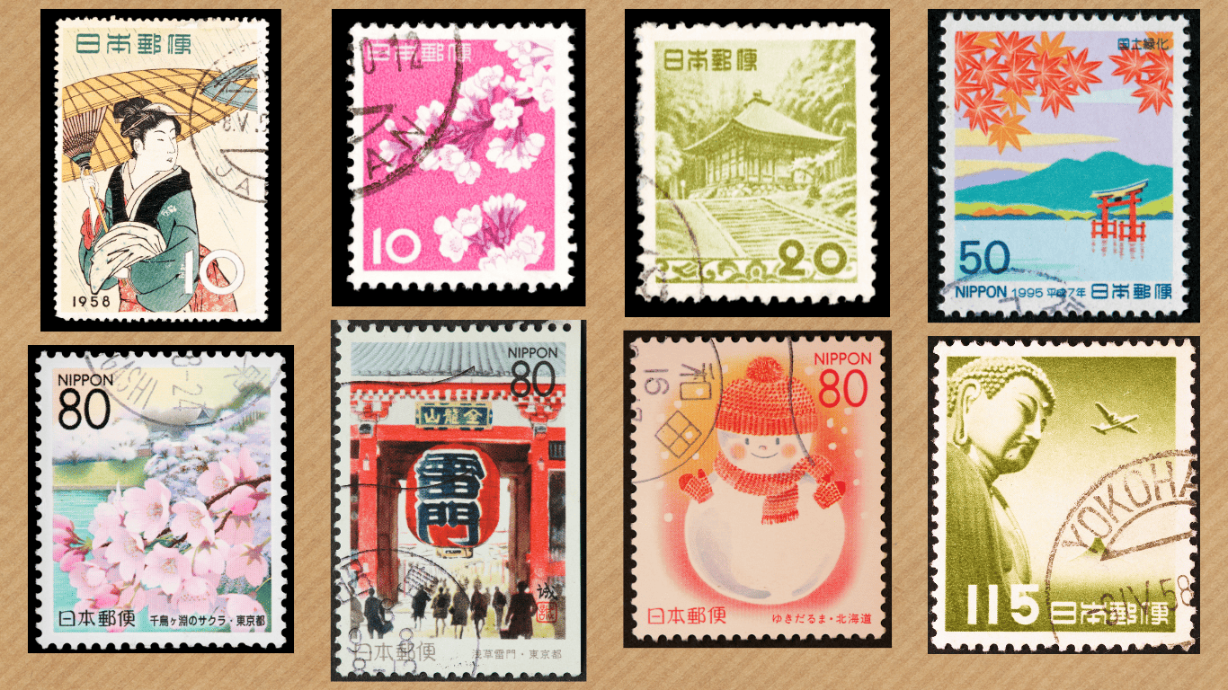 A collection of colorful Japanese postage stamps featuring traditional art, cherry blossoms, and seasonal designs.