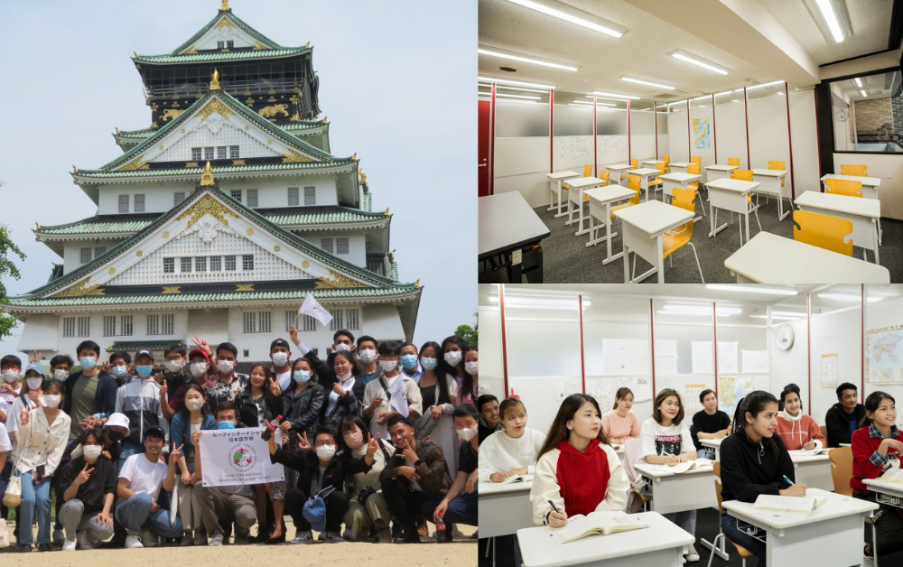 A group of diverse students in front of Osaka Castle and attentively participating in a Japanese language lesson, showing engagement in their studies.