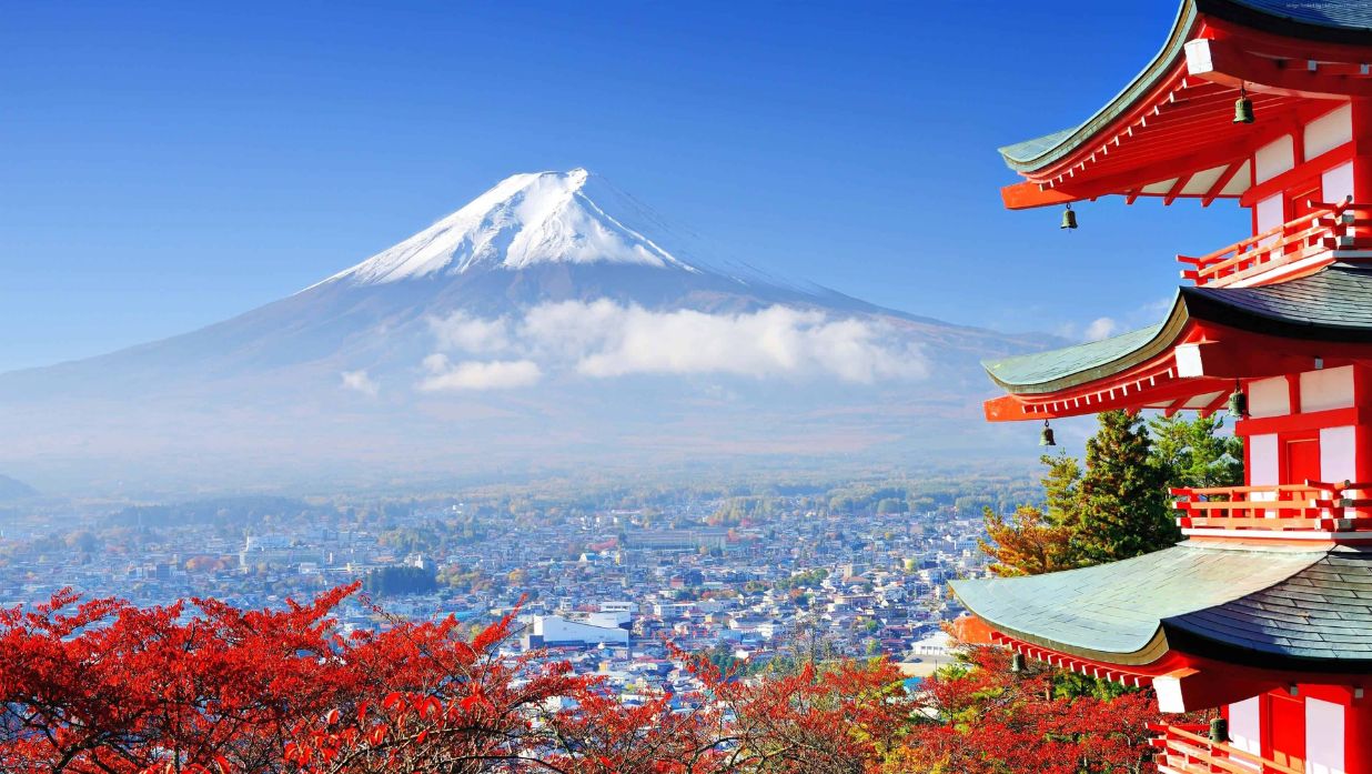 Japan scenery of Fuji mountain, temple, and red leaves