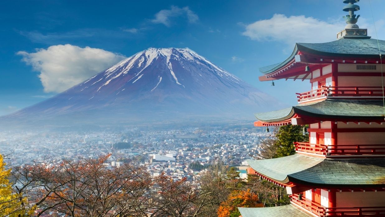 Japan scenery of Fuji mountain, temple, and red leaves