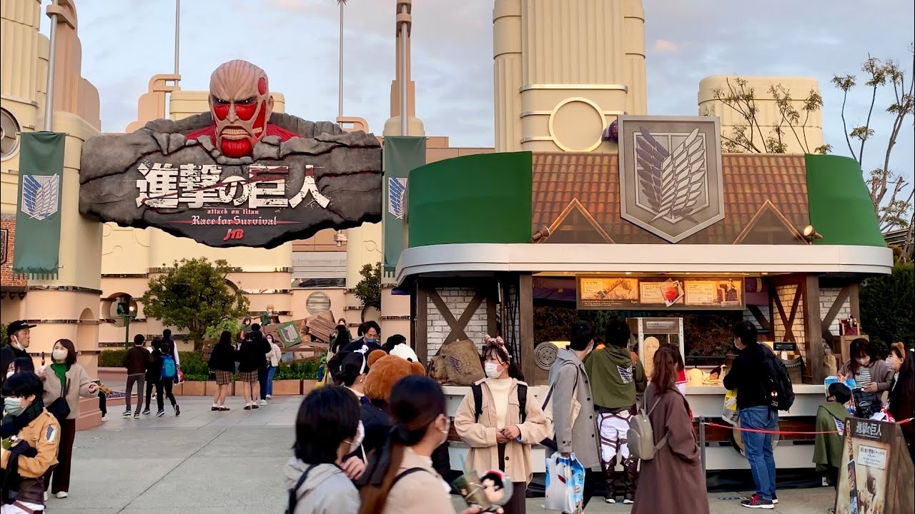 blog post image showing the iconic attack on titan (aot) ride located at universal studios japan in tokyo japan