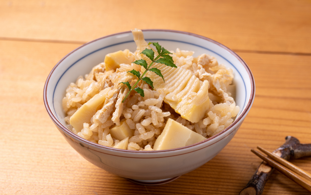 Takenoko Gohan (たけのこご飯) – rice cooked with bamboo shoots, soy sauce, and a touch of sake, giving it a gentle umami flavor.